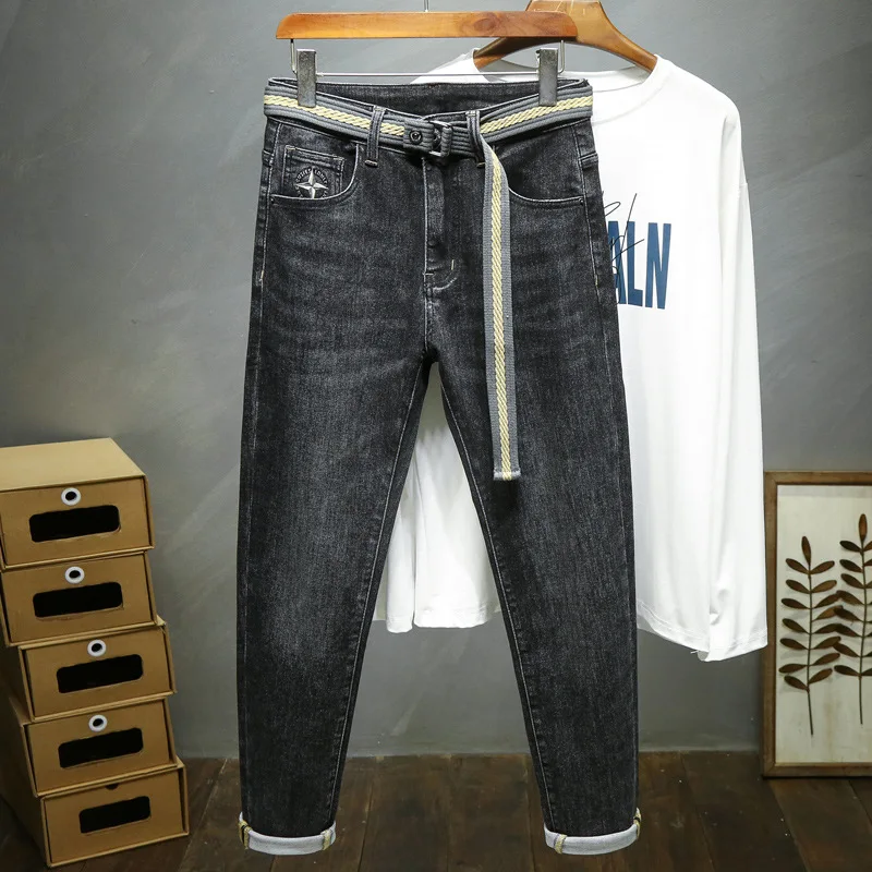 Embroidered printed jeans men fashion brands2024new slim fit skinny stretch micro loose trendy quality high-end long pants