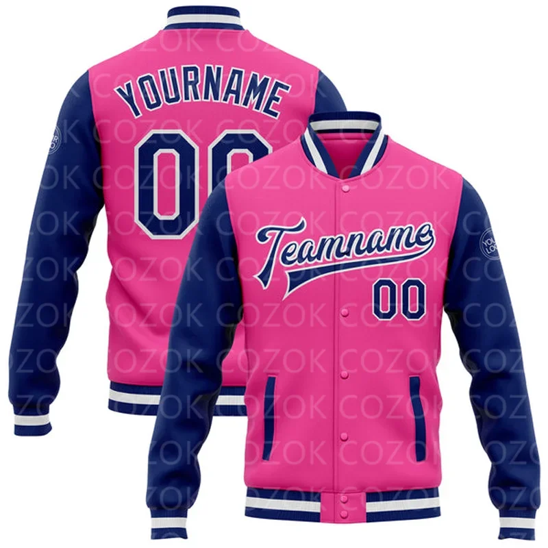 Custom Pink 3D Printed Baseball Button Jacket Bomber Full-Snap Varsity Letterman Jacket