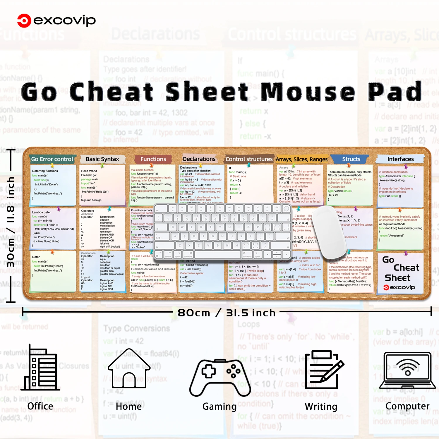 GO Programming Mouse Pad Large Golang Shortcuts Cheat Sheet Keyboard Mousepad Office Desk Mat For Cloud Computing Web
