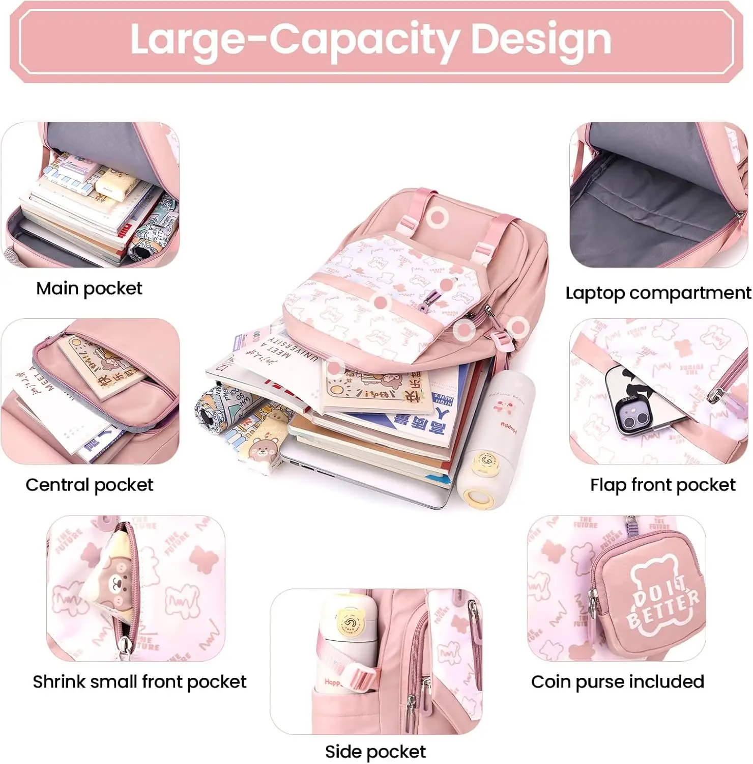School Backpack for Girls Large Capacity School Bag for Kids Kawaii School Bag for Girls Raincoat Casual Backpack for Teenage 4