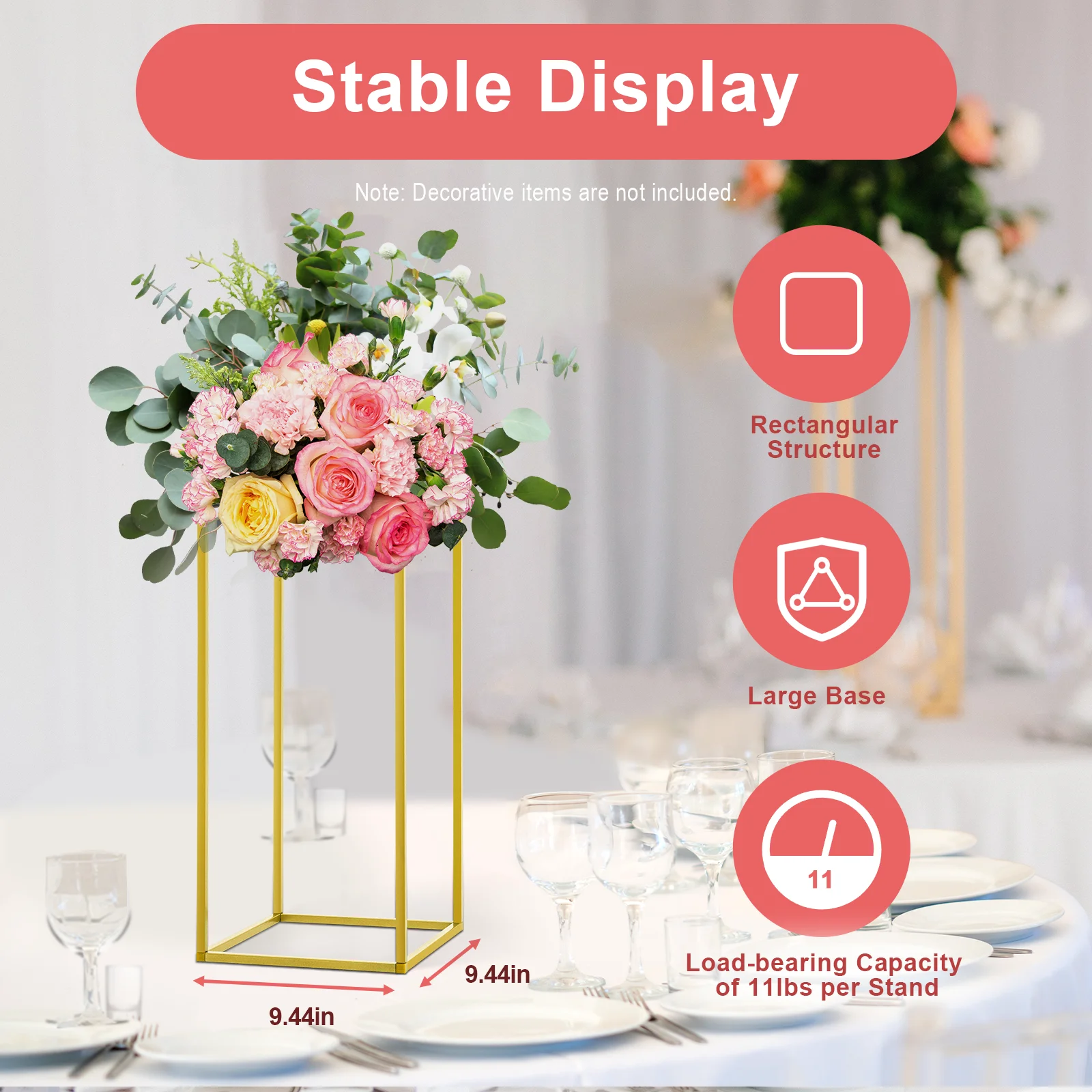 10 Piece Set Of 60CM Gold Metal Geometric Flower Holder For Wedding Flower Arrangement, 10MM Square Tube With Small Hammer