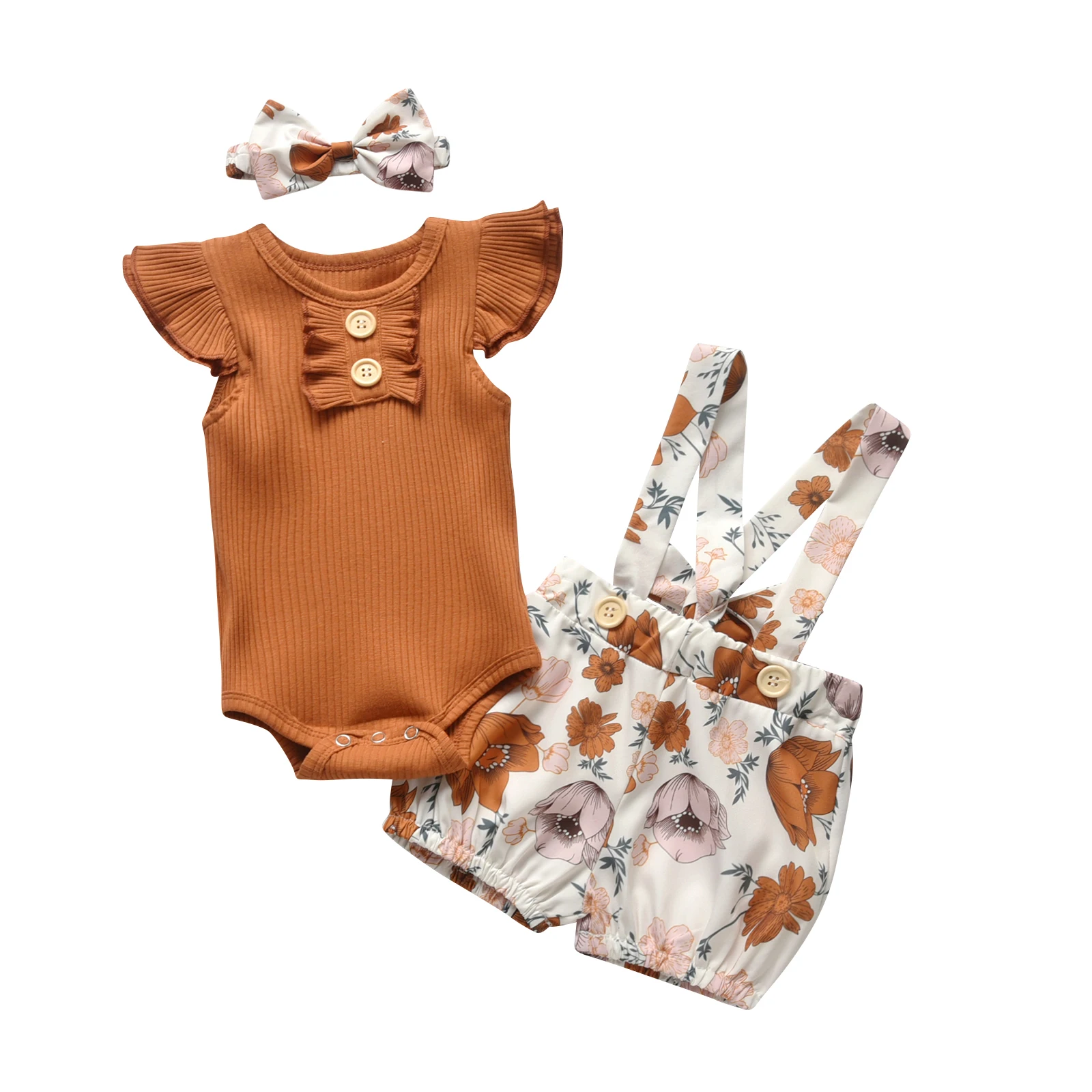 Summer Newborn Maternity Outfit Baby Girls Clothing Sets Short Sleeve Bodysuits For Infants+Floral Overall Shorts+Headband Suit baby dress set for girl Baby Clothing Set