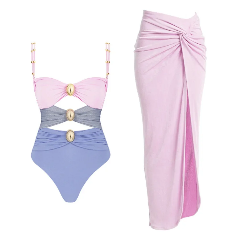 

ZAFUAZ Women 2024 Cutout Swimwear Color Block One Piece Swimsuit With Sarong Female Backless Monokini Swim Beach Bathing Suit