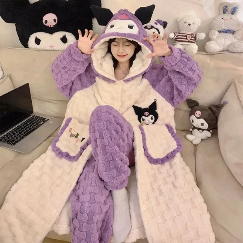 

Sanrioed Cinnamoroll Kuromi Nightgown Mid-length Coral Fleece Winter Plush Hooded Pajamas Cute Home Clothes Items Girls Gifts