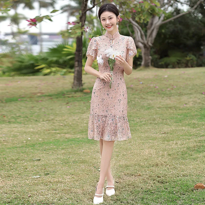 

Summer Women Short Sleeve Embroidery Chiffon Mermaid Cheongsam Elegant Mandarin Collar Lace Qipao Dresses