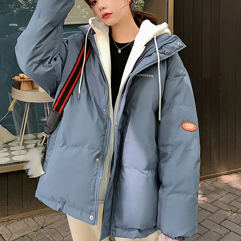 

Hooded Fake Two Pieces Women Parkas Winter Loose Casual Spliced Fashion Short Thicken Coat Elegant Female Down Cotton Jacket