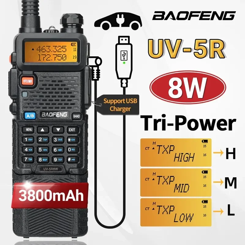 

Baofeng UV 5R 8W 3800mAh Walkie Talkie Long Range USB Charger UHF VHF Dual Band Transceiver Portable Ham Radio For UV K5