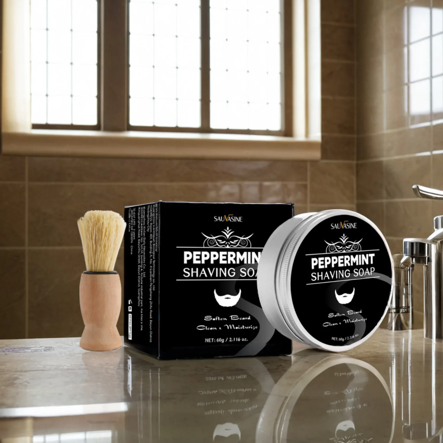 Mint Shaving Cream 60g with Brush Softens Beard for Comfortable Shave Nourishes and Protects Skin Shaving Soap