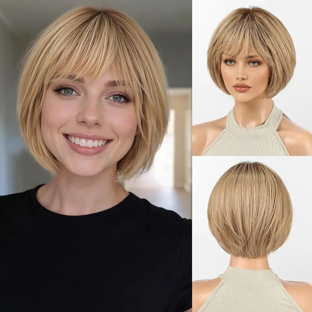 100% 인모 숏밥 가발 (앞머리 포함) 허니 블론드 골든 하이라이트 글루리스 가..