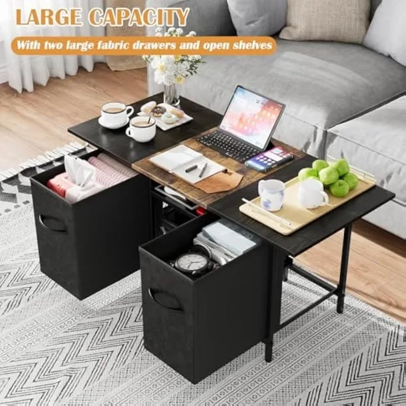Modern Coffee Tables for Living Room 35'' Small Rectangle Coffee Table with 2 Large Fabric Storage Drawers and Metal Shelf, Wood 2