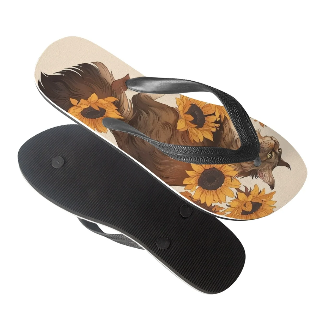 Lovely Sunflower Cat Cartoon Print Ladies Flip Flops Summer Anti-slip Anti-Odor Comfort House Shoes Beach Seaside Resort Sandals