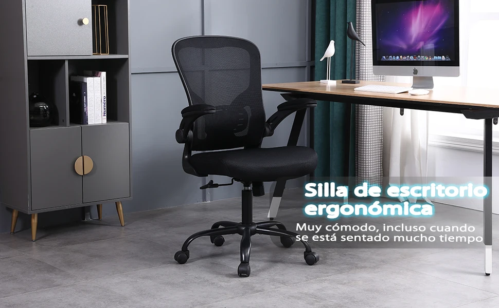 Ralex-Stuhl Bürostuhl, Schreibtischstuhl mit hochklappbaren Armlehnen, ergonomischer Bürostuhl aus Netzstoff mit Lordosenstütze, Schwarz – Detail 1