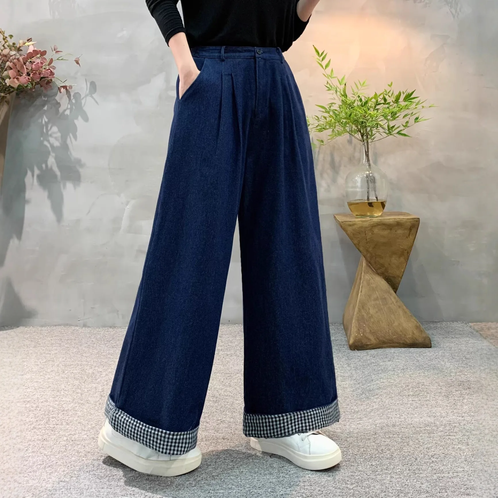 XXXXL Fashion Plus Size Women's Jeans New Plaid rolled-up Hem wide-leg Casual Denim Pants Autumn 1395