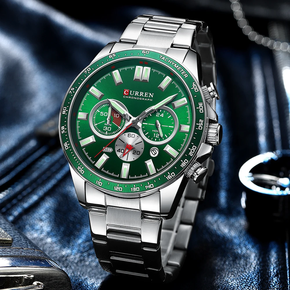 CURREN  New Stainless Steel Quartz Wristwatches for Men Sports Chronograph Watches with Luminous Hands 6