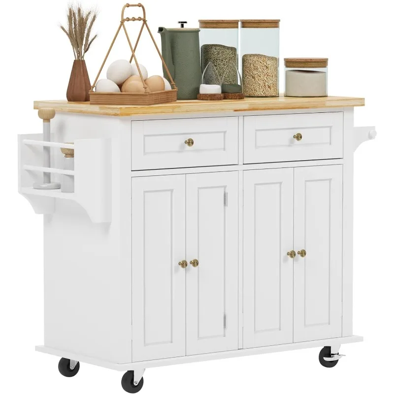 

Rolling Kitchen Island with 2 Drawers and Adjustable Shelves, Kitchen Cart with Rubberwood Countertop, Spice Rack and Towel