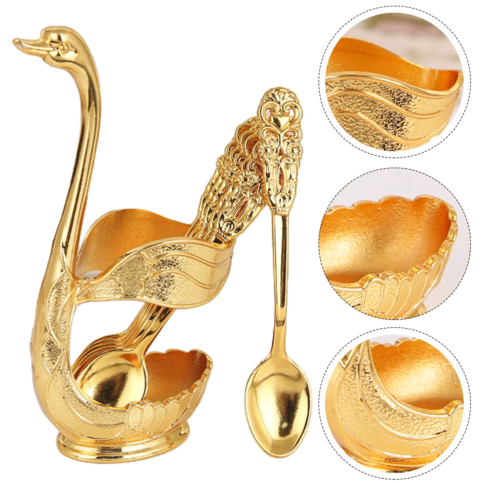 

Gold Creative Dinnerware Set Decorative Swan Base Holder With 6 Spoons Forks For Coffee Fruit Dessert Stirring Mixing Teaspoon