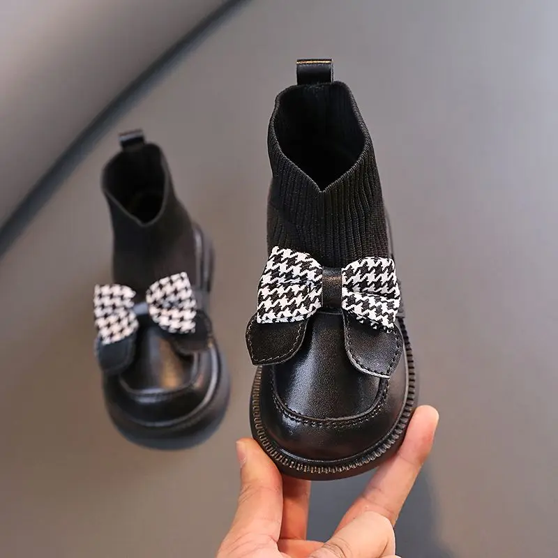 Infant Girl\'s Sock Boots Children Casual Knitted Short Boot  Winter Chunky Bow Elegant Cute Toddler Girl Patent Leather Shoes