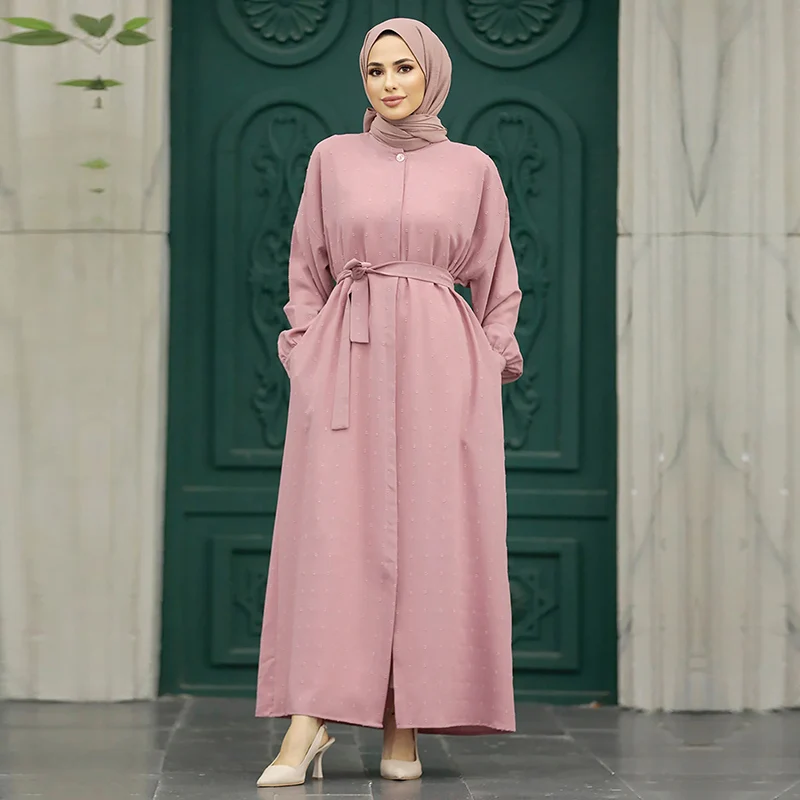 Simple Casual Muslim Dress Three Dimensional Jacquard Waist Tied Elegant Middle Eastern Robe Pink Long Sleeved Women's Clothing