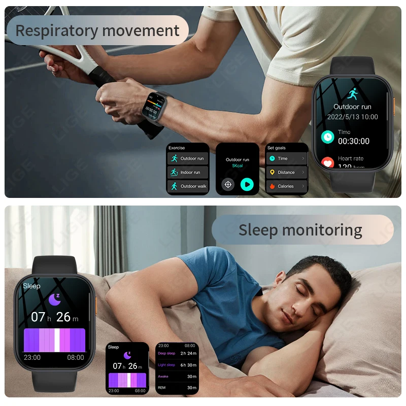 LIGE 2025 New Smart Watch Men 1000mAh Ultra Large Battery IP68 Waterproof 2.04" HD Display Flashlight Outdoor Sports Smartwatch