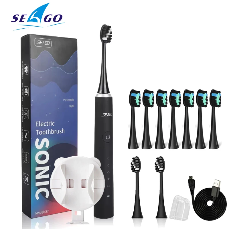 SEAGO S2 Electric Sonic Toothbrush USB Rechargeable Adult Tooth Cleaner 5 brushing Modes 10 Replacement Heads 1 Brush Holder