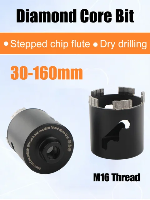 Forets diamantés à noyau M16 de 30 à 160mm, scie à trou pour mur en béton adaptée à l'installation de climatiseur, perçage sec dans brique, ciment et mur béton, compatible avec queue SDS-Max, outil professionnel pour t 1