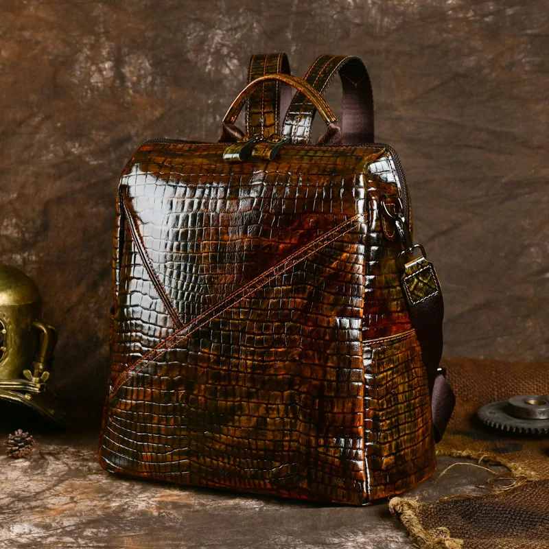Leather Backpack Vintage Men's Backpack with Large Capacity in Genuine Leather Crocodile Print