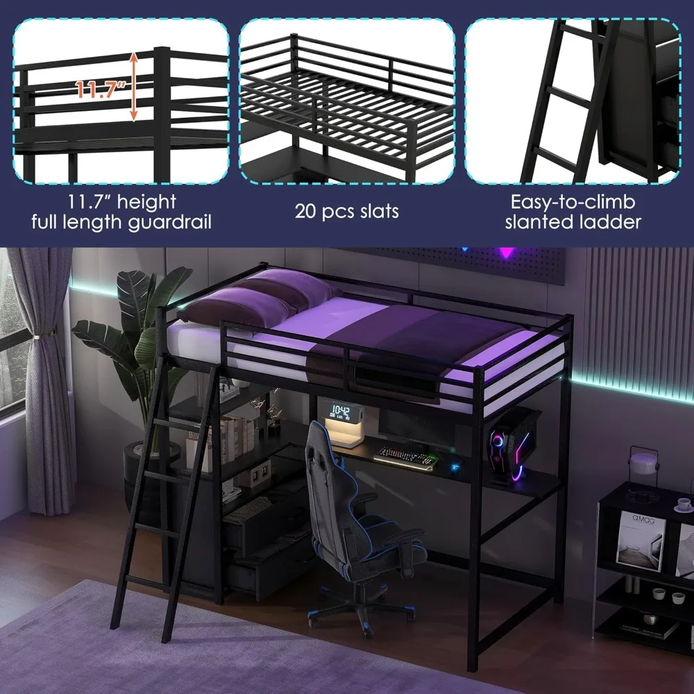 Twin Metal Loft Bed with Desk and Cabinet Loft Bed Twin Size Bed Frames Loft drawer top of wood to increase the service life. 2