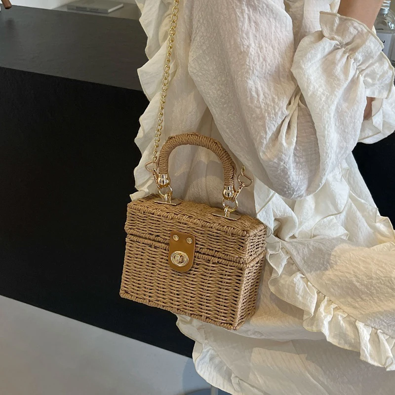 Rattan Straw Shoulder Bag Women Hand-woven Messenger Bag Summer Beach Square Box Straw Handbag For Lady Bolsa Feminina