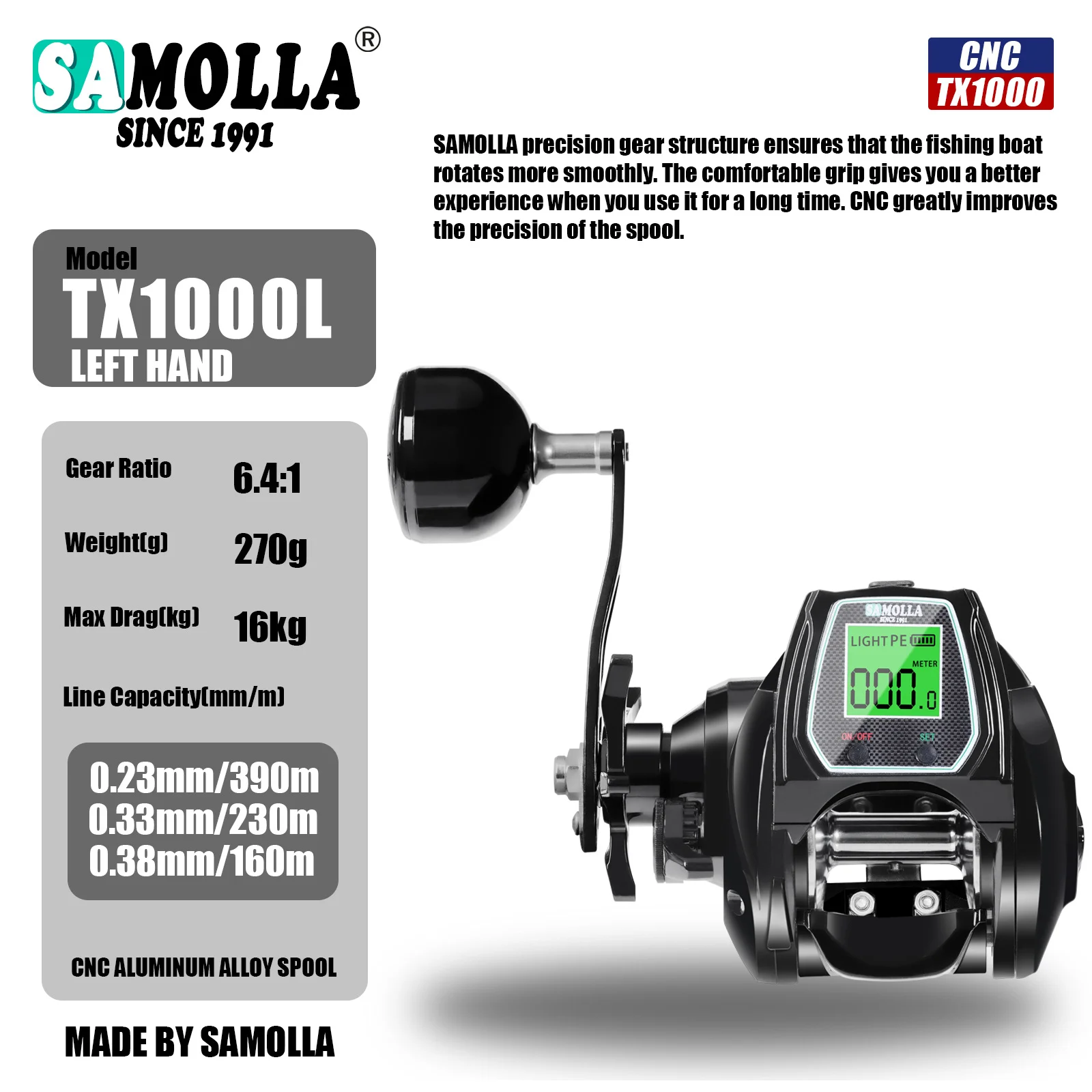 Electric Bait Casting Reel Ultralight Fishing Reel TX1000 Drag16KG CNC Spool Electric Count Sea Boat Trolling