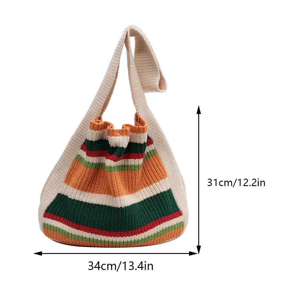 Women Crocheted Shoulder Purse Large Capacity Knitted Stripe Bag Contrast Color Knitting Beach Bag Woven for Female Girls