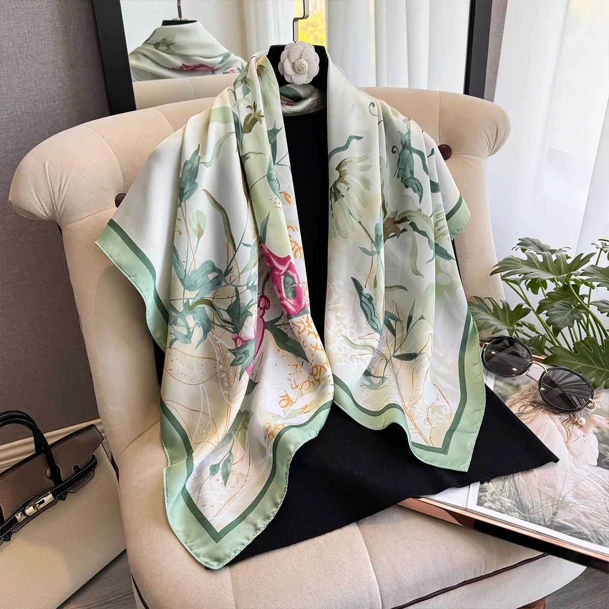 New Spring and Summer Design Luxury 90cm Women Scarf Sunscreen Foulard Shawl Hijab Female Hair Hijab Wraps Neckerchief Bandanda