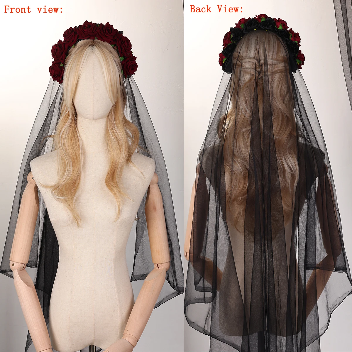 Barock Vintage Schwarz Rot Rose Blumen Haarband mit Schleier Totenkopf Spinnennetz Muster Brautschleier Halloween Party Haarschmuck – Detail 12