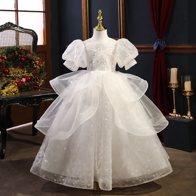 

2023 Luxurious Party Dress for Teenage Girls Kids Sequined Gauze Maxi Ball Gown for Grad Night Children Elegant Hostess Costumes