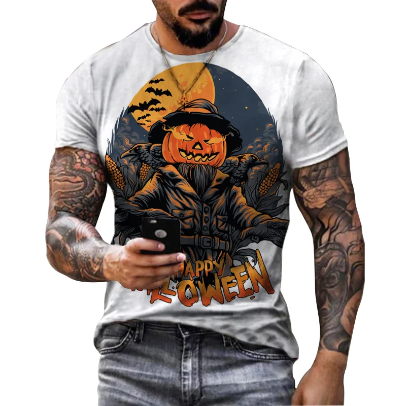 

Halloween themed men's T-shirt pumpkin head pattern men's short sleeved personalized white T shirts casual loose o-neck pullover