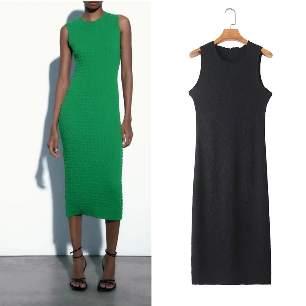 

2023 early autumn new round neck sleeveless mid-length simple midi vest skirt textured long dress 3644309
