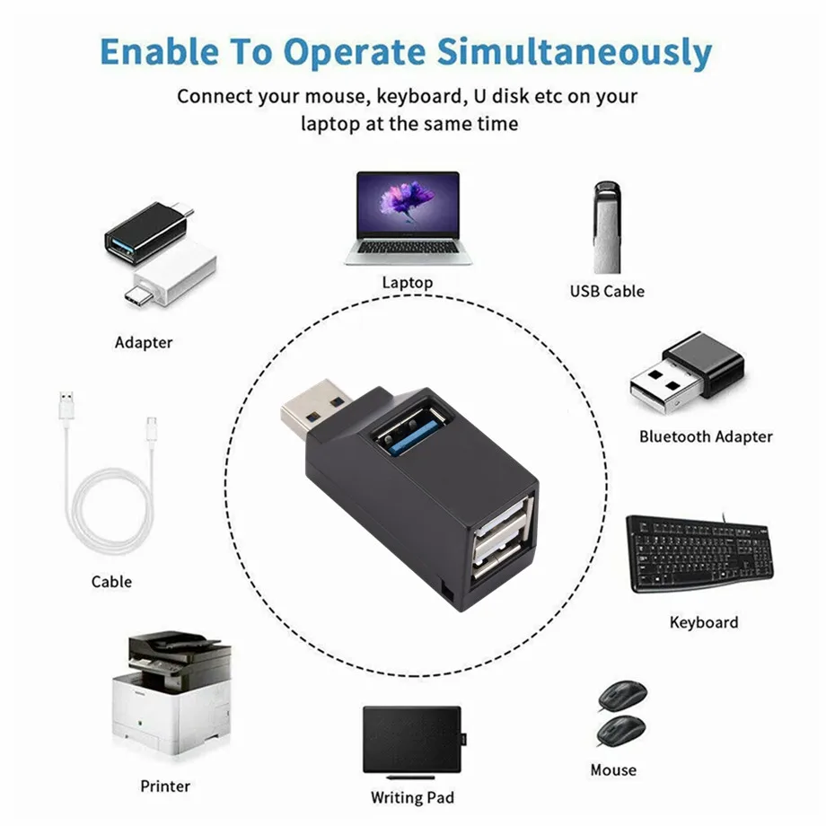 USB Hub 2.0 Adapter Rotate High Speed U Disk Reader Splitter 3 Ports USB 2.0 For