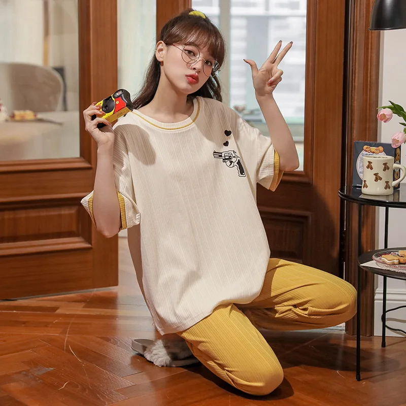 Summer 2022 New women's Korean Fashion Round Neck Pajamas Suit Plaid Trousers short sleeves Ladies Pijamas Loose Soft Homewear