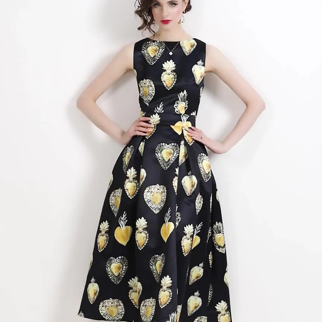 

2024 Summer New Niche High-end Temperament Sleeveless Print Large Swing Puffy Dress Skirt Fashion Elegant Celebrity Long Skirt