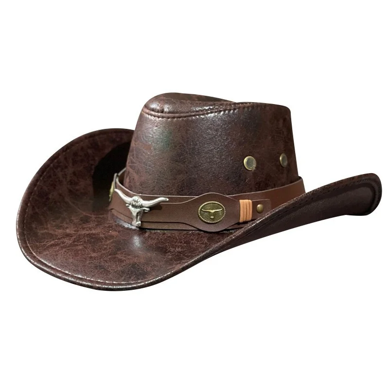 Western Cowboy Hat Ox Head Belt Rivet Fedora Cap For Men Women Outdoor Travel Wide Brim Sun Hat Faux Leather Panama Cowgirl Cap images - 6