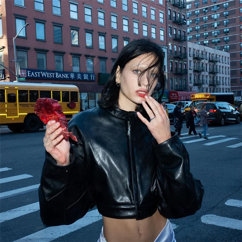 

black y2k crop top PU leather bomber jacket women zipper single breasted fall coats outwear long sleeve hip hop streetwear