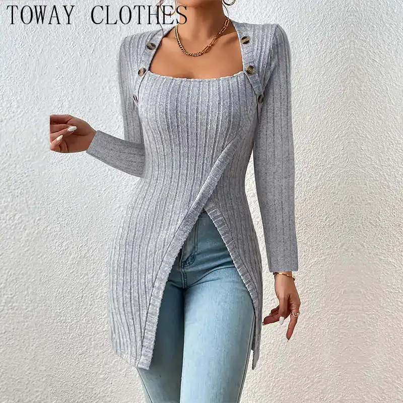 

Women Chic Solid Basics Button Decor High Silt Long Sleeves Long Blouse Knitting Tops