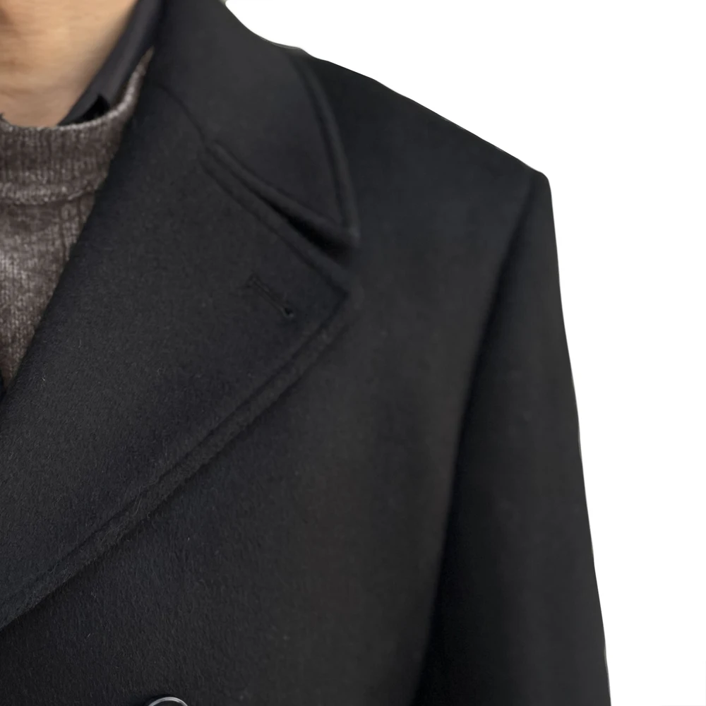 Luxury Heavy Cashmere Wool Men's Overcoat For Cold Winter Black Long Coat Man Thick Wool Coat Winter Coats Ulster Collar Design