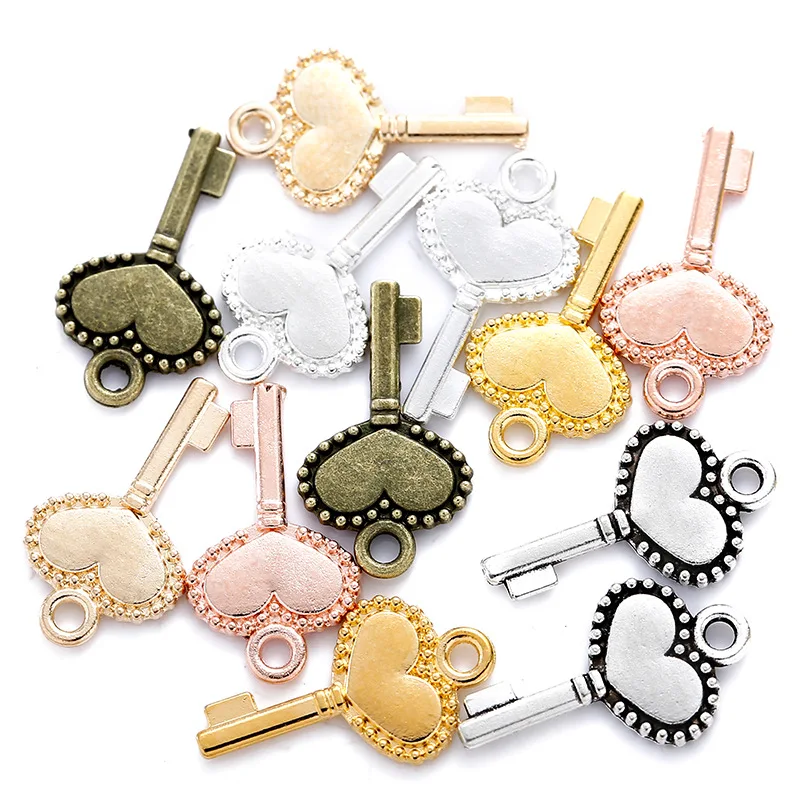 

100pcs Cute Heart Key Charms Pendant 17x10mm Antique Silver Plated Bronze fit Vintage Tibetan Findings for Jewelry Making