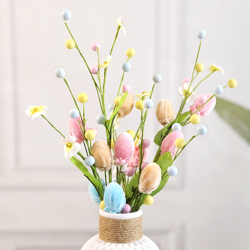 Easter Colorful Eggs Tree Branch DIY Flower Bouquets Fake Plant 2025 Happy Easter Party Home Vase Decoration Spring Floral Stem