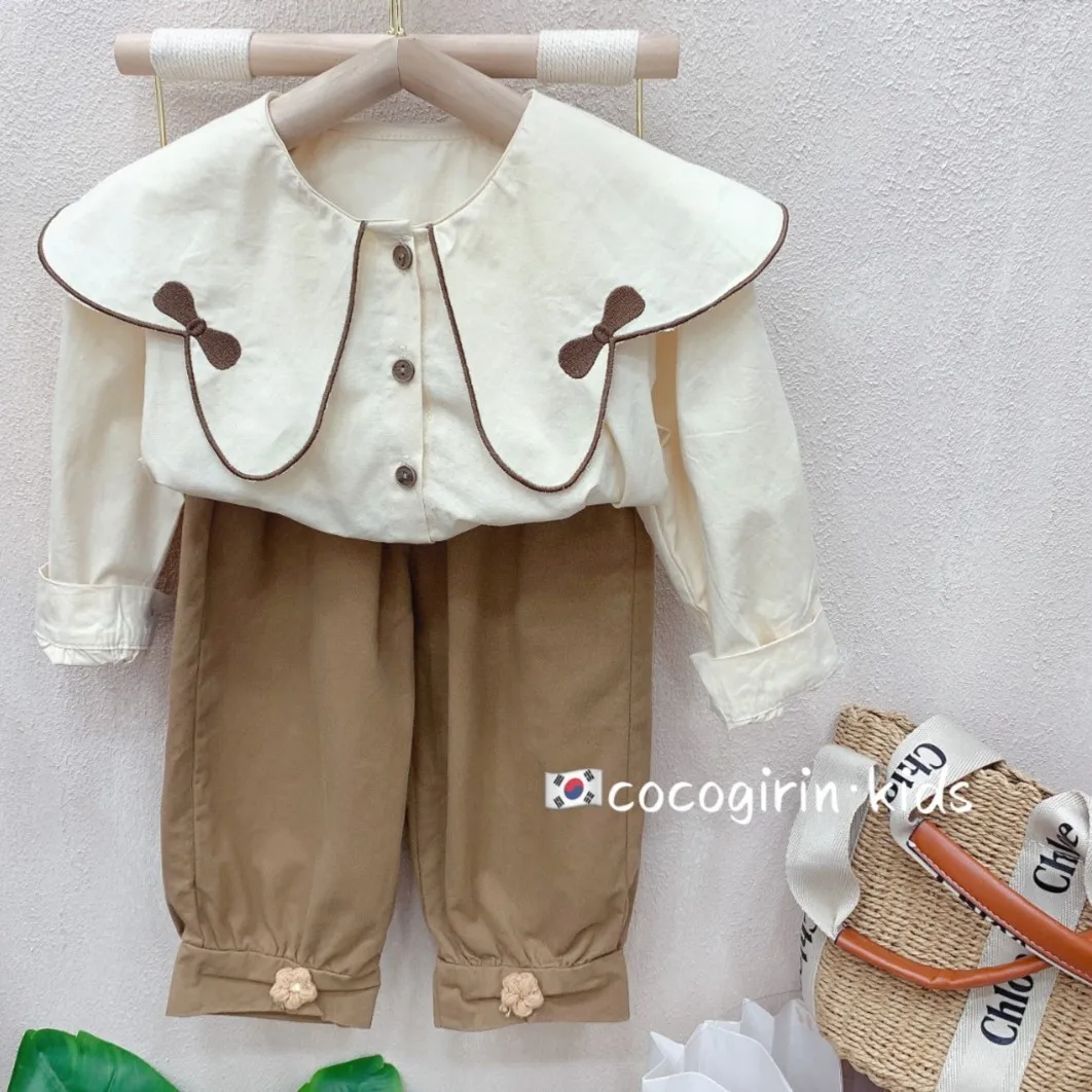 

Children Sets New Autumn Season Fashionable Children Long Sleeved Shirt Trousers Two Piece Set Bows Button Decorate