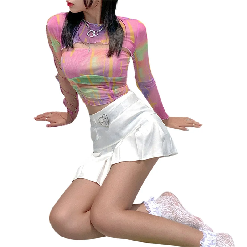 Shrug Top with Cami y2k Clothes Women Tie Dye Print Ruffle Long Sleeve Cover Up and Sleeveless Vest 2000s Clothing