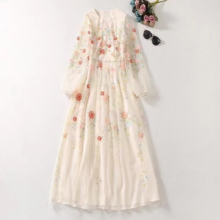 

European and American women's clothing 2023 autumn new Round neck Long sleeve beaded embroidery Fashion pleated dress XXL