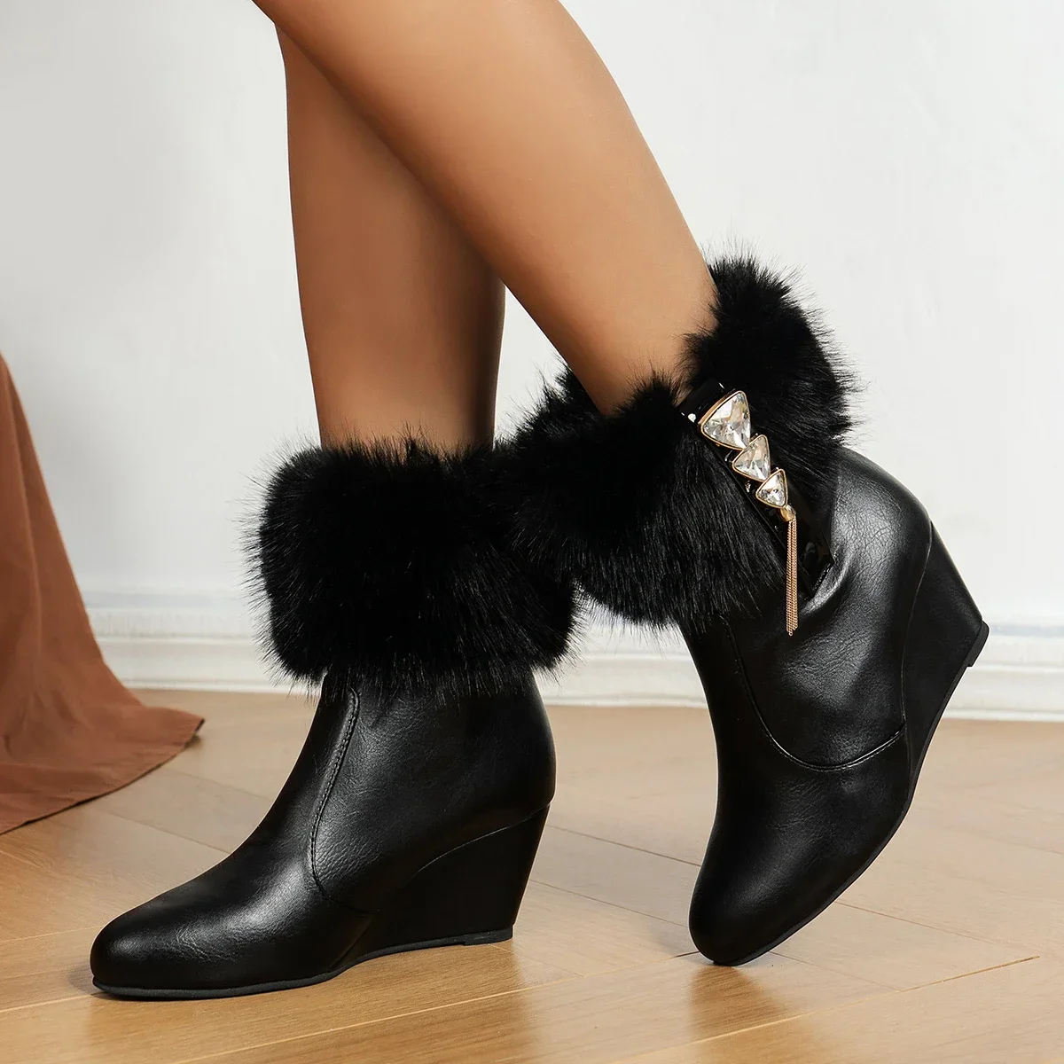 New High Heel Ankle Boots Women 2023 Winter Ladies Shoes Wedges Warm Women's Boots Fashion Rhinestones PU Boots Botas De Mujer