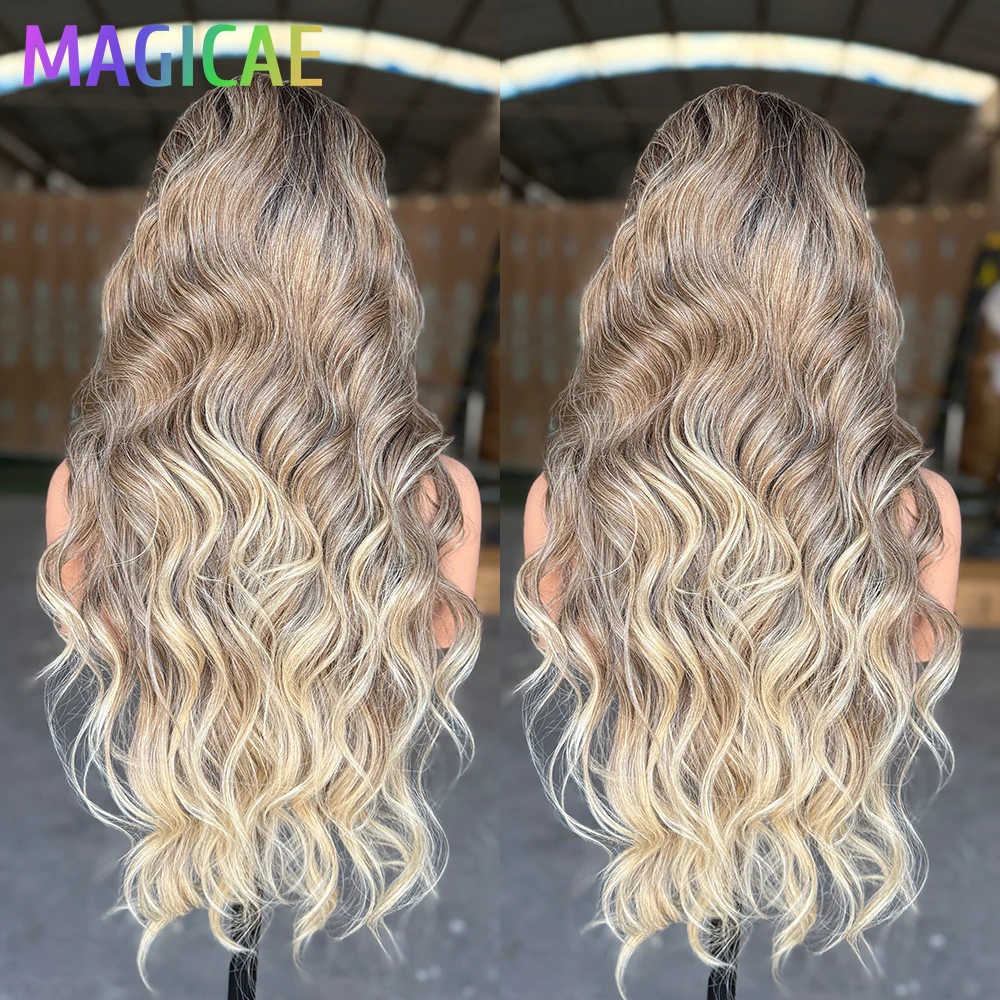 30Inches Magicae 13X4 Body Wave Lace Frontal Hair Wigs Ombre Highlight Piano Blond Brown Cooper350# High Synthetic Hair Wigs