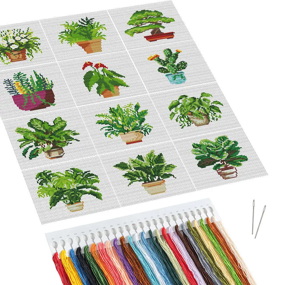 Plant Cross Stitch Set Needlework 12pcs 11CT Flowerpot Embroidery Kit Decoration For Home Handmade Gift